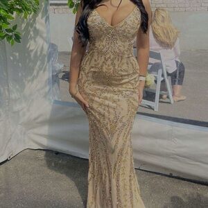 Elegant Gold Beaded Prom dress - Women's Dress